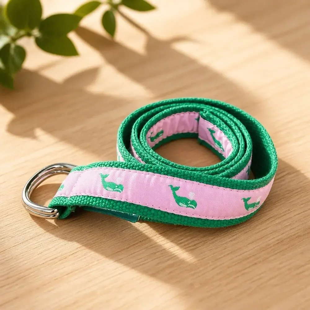 Eliza B.D-Ring Canvas Belt Pink and Green Whale Motif Pattern Womens Size S